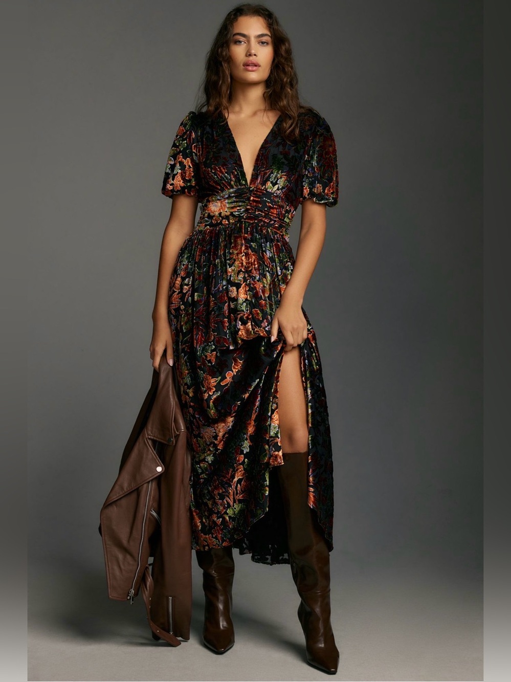 Anthropologie Katerina button-front Dress Velvet Edition in Black Floral